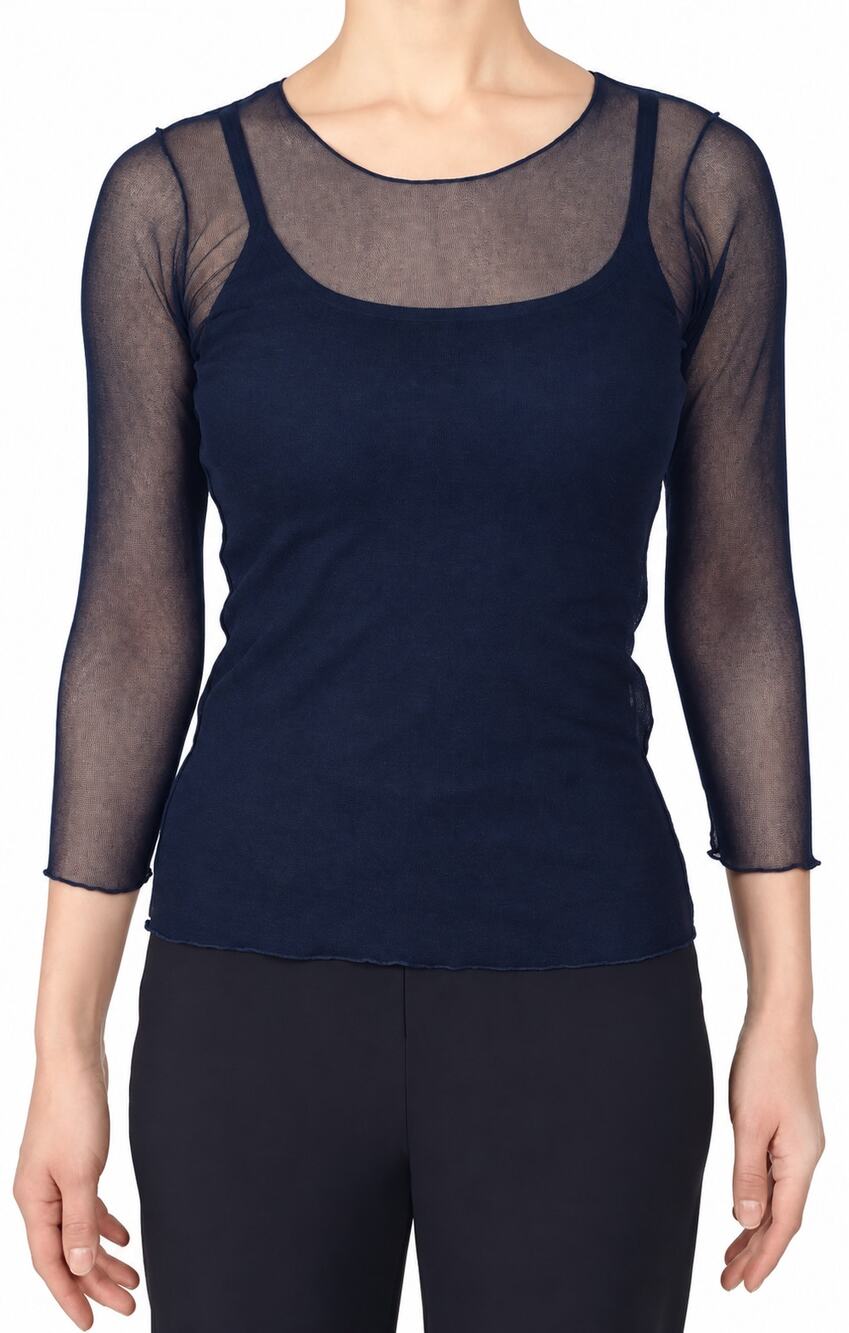 Porto San Francisco Womens Top 1 Small Diva Navy Mesh Cotton 3/4 Sleeve Sheer